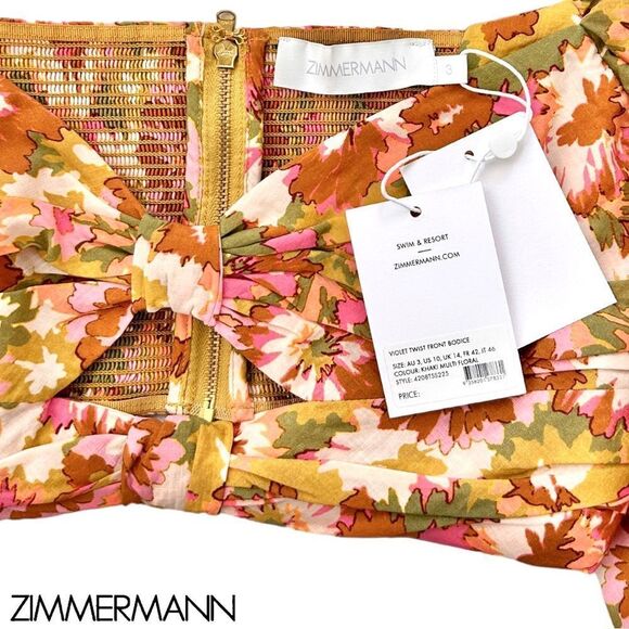 ZIMMERMANN Violet Twist Front Puff Sleeve Crop Top in Khaki Multi Floral - Picture 12 of 16